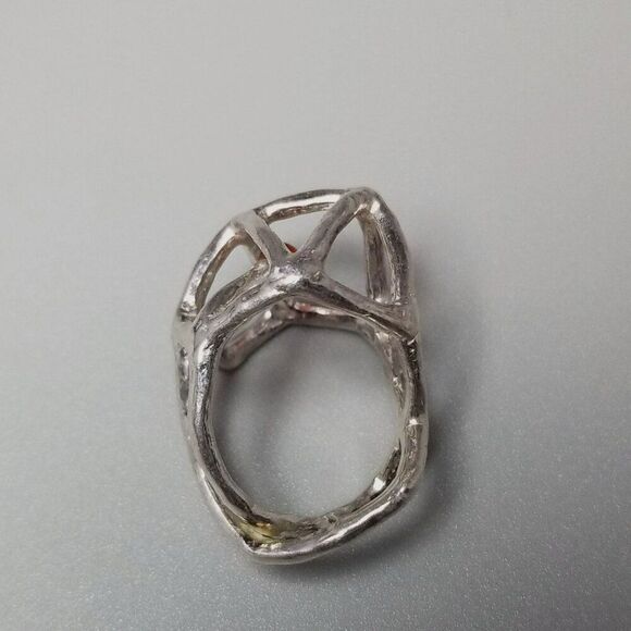 Estate Atelier Shinji Signed Silver and Red Geometric Cocktail Ring, Size 6 Band - Picture 7 of 12
